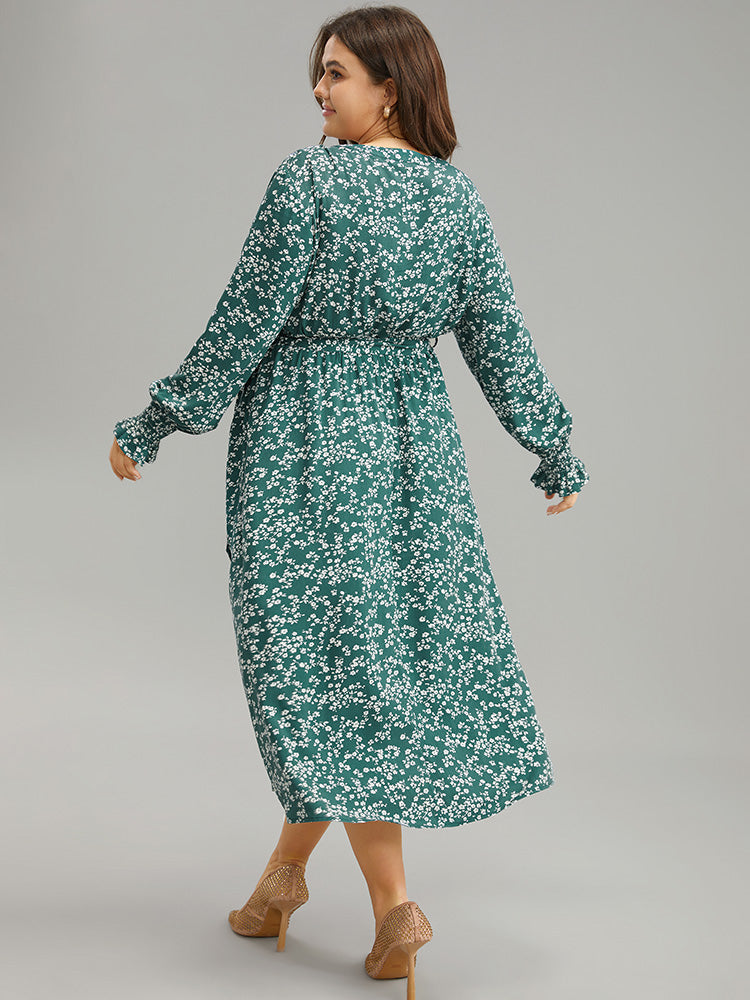 Ditsy Floral Shirred Belted Notched Dress
