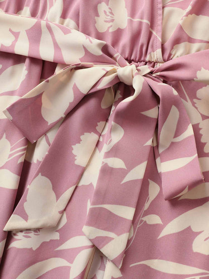 Silhouette Floral Print Wrap Ruffle Cap Sleeve Dress