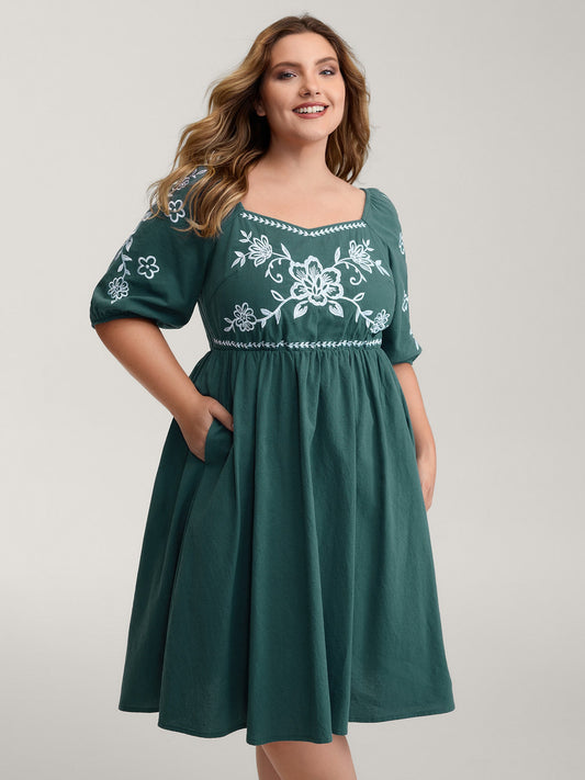 Pure Cotton Floral Embroidery Knee-Length Dress