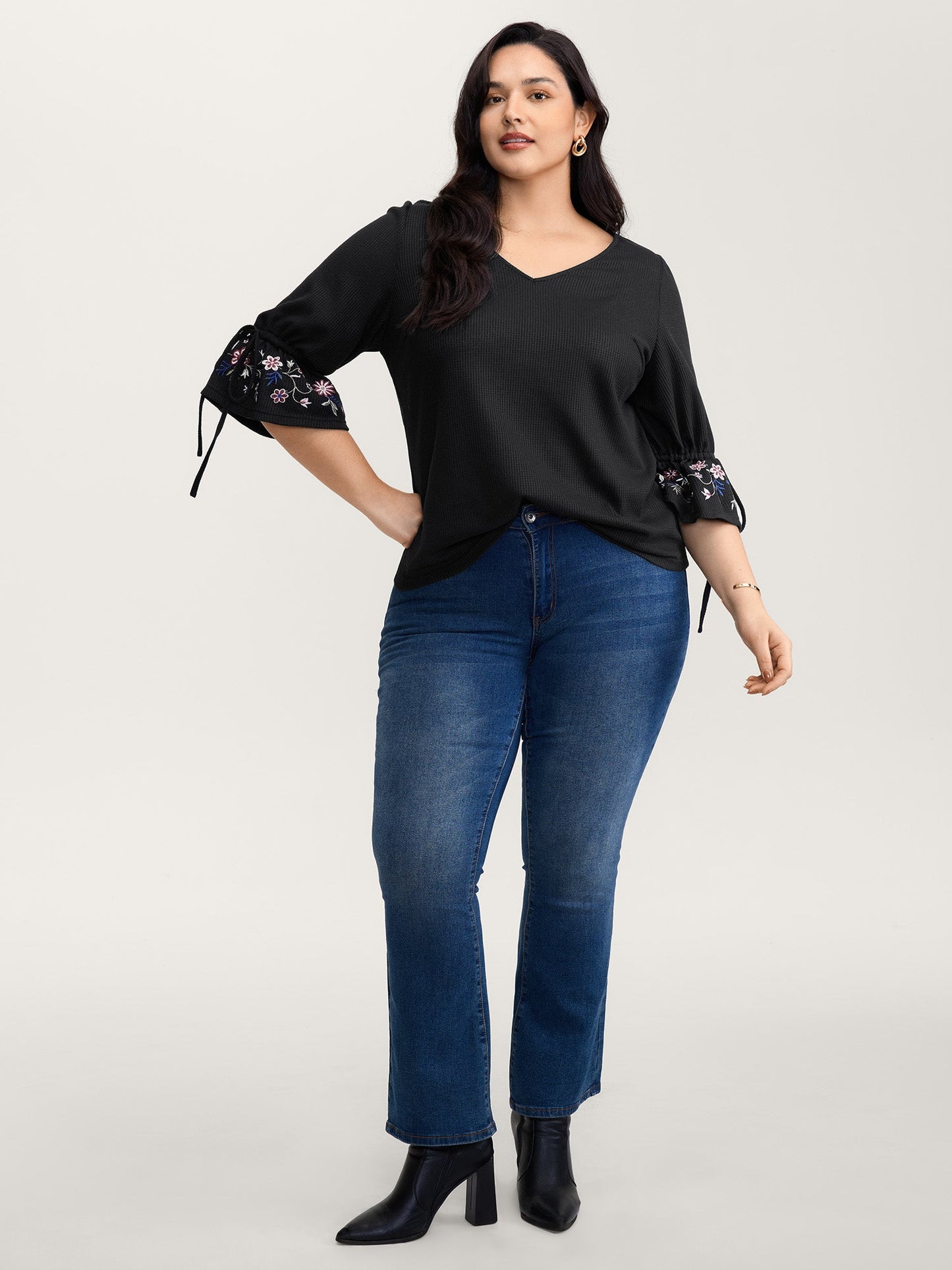 Floral Sleeve Embroidery Drawstring Knit Top