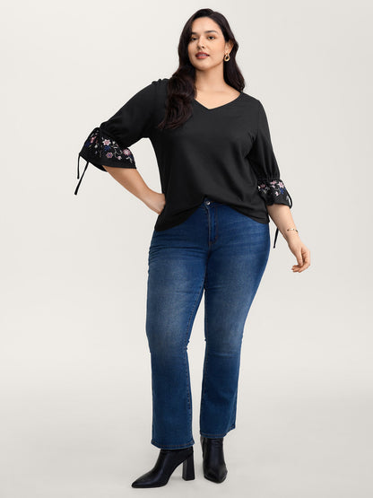 Floral Sleeve Embroidery Drawstring Knit Top