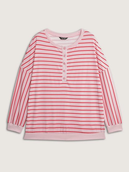 Stripe Snap Button Round Neck Sweatshirt
