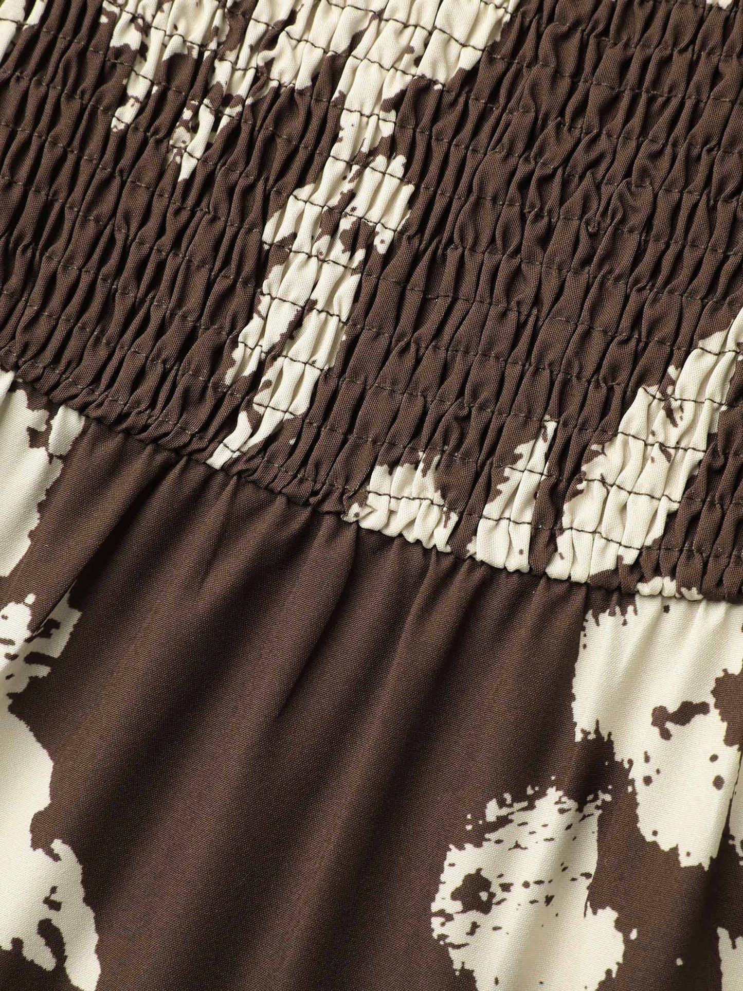 Leaf Print Square Neck Ruffled Shirred Midi Dress