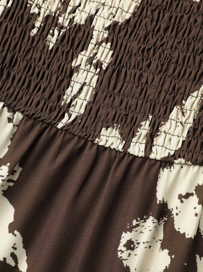 Leaf Print Square Neck Ruffled Shirred Midi Dress