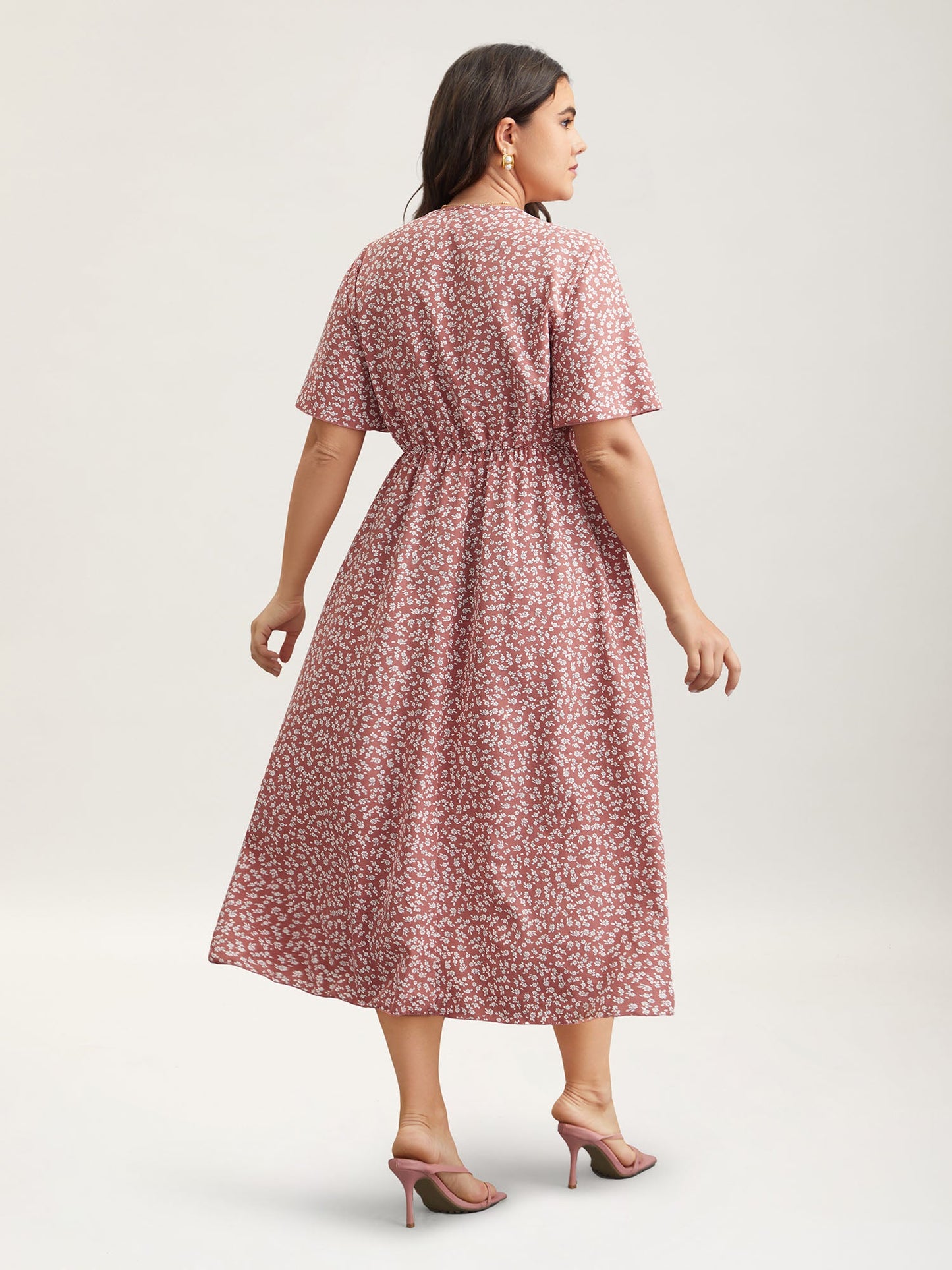 Ditsy Floral Print Stretchy-Waist Ruffle Midi Dress