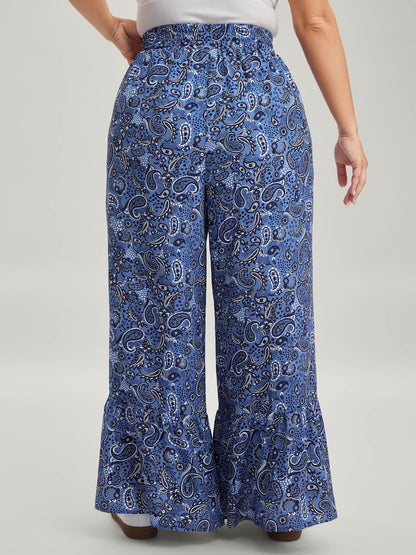 Paisley Print Tiered Hem Wide-Leg Pants