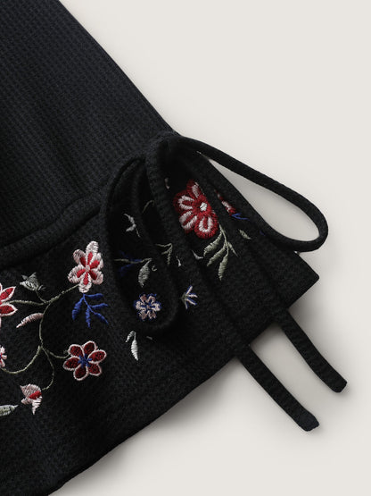 Floral Sleeve Embroidery Drawstring Knit Top