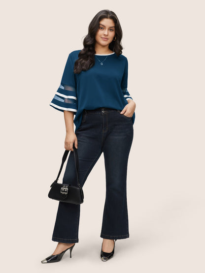 Contrast Patchwork Mesh Bell Sleeve Blouse