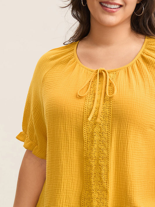 Pure Cotton Lace Placket Tied Blouse