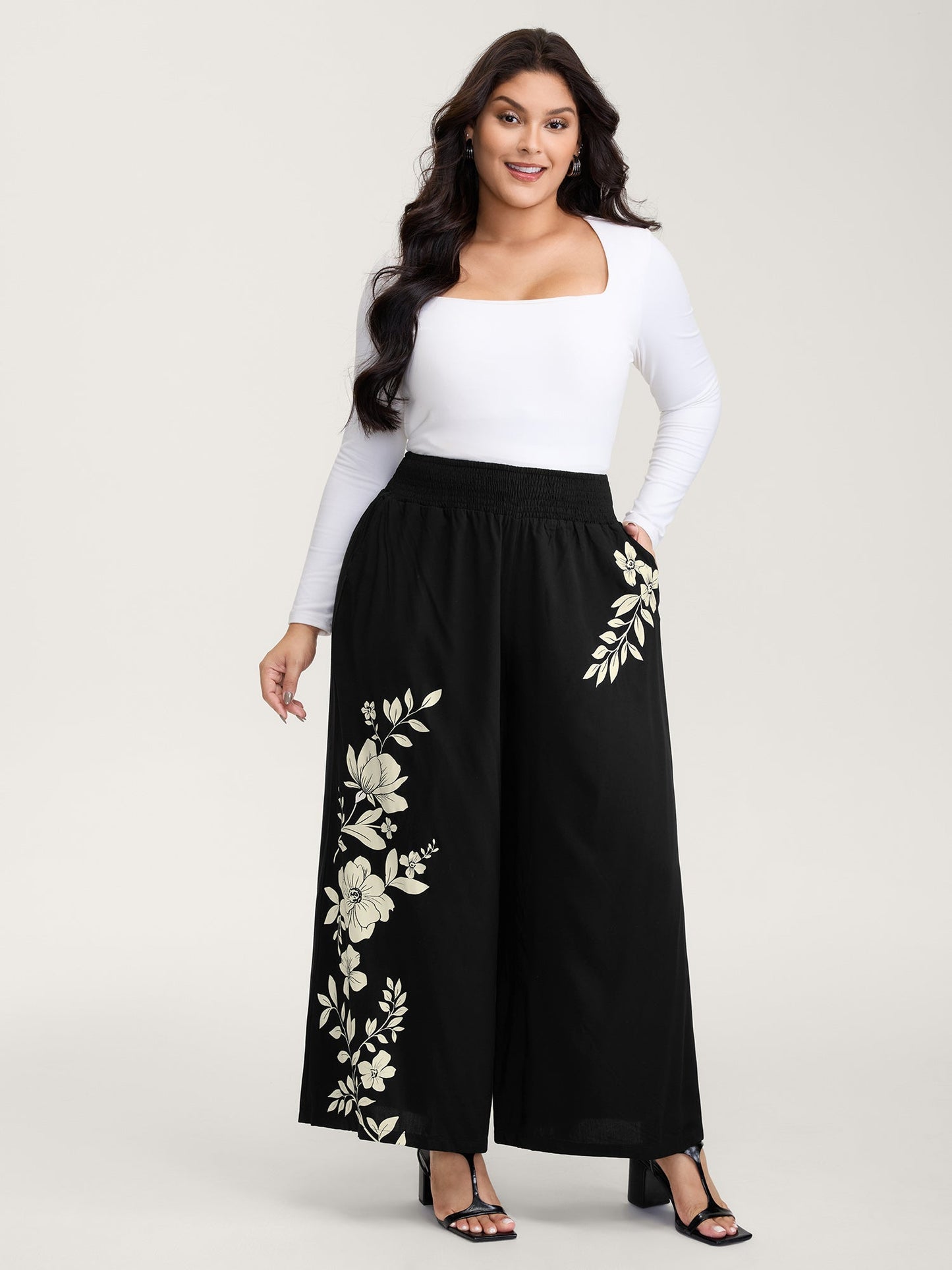 Floral Print Shirred Waist Wide-Leg Pants