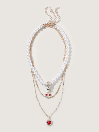 Pearl Decor Heart Charm Layered Necklace