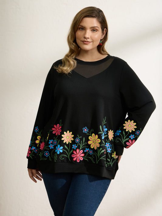 Floral Sheer Lined Contrast Sweatshirt