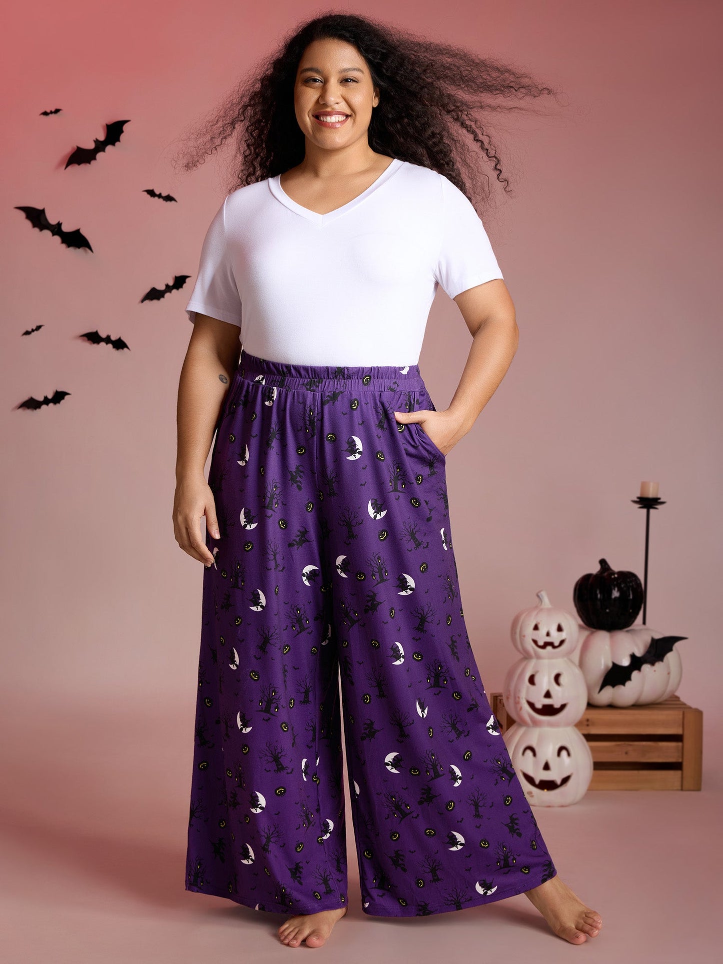 Midnight Halloween Print Wide-Leg Lounge Pants