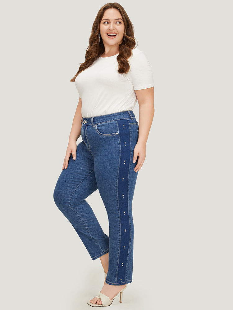 Pearl Beaded Patchwork Medium Wash Jeans