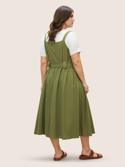 Solid Patched Pocket Adjustable Straps Belted Dress