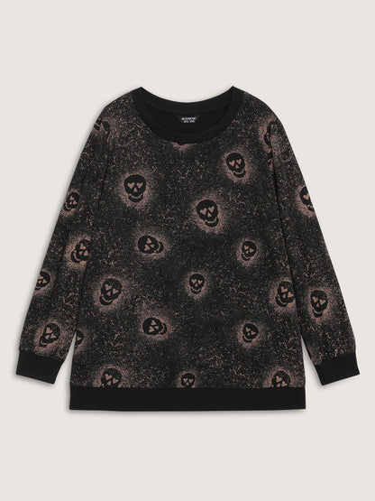 Spooky Skull Print Ribbed Hem Sweatshirt