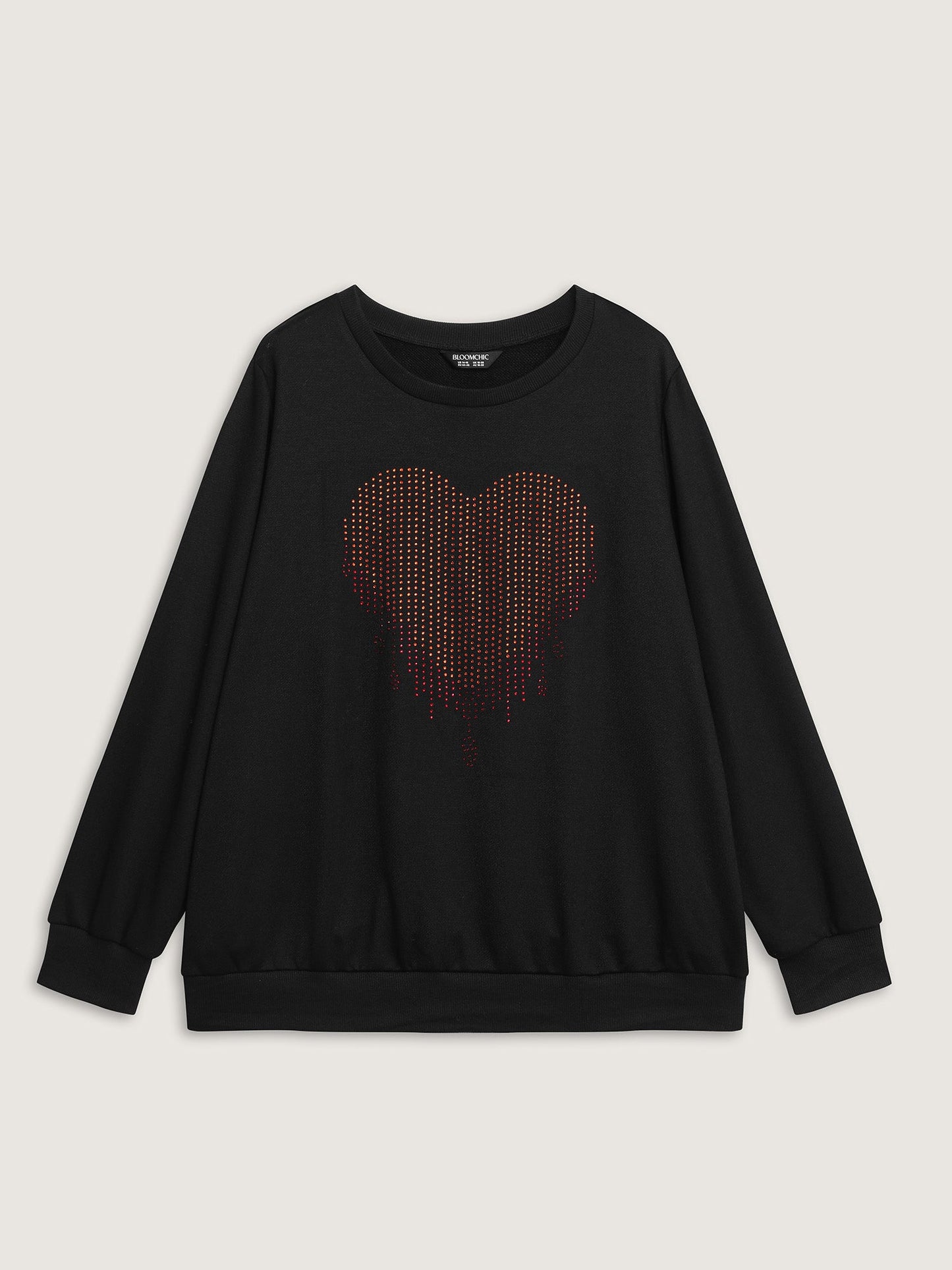 Heart Motif Rhinestones Round Neck Sweatshirt