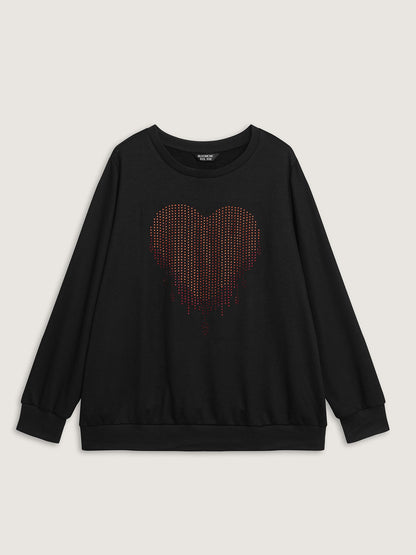 Heart Motif Rhinestones Round Neck Sweatshirt