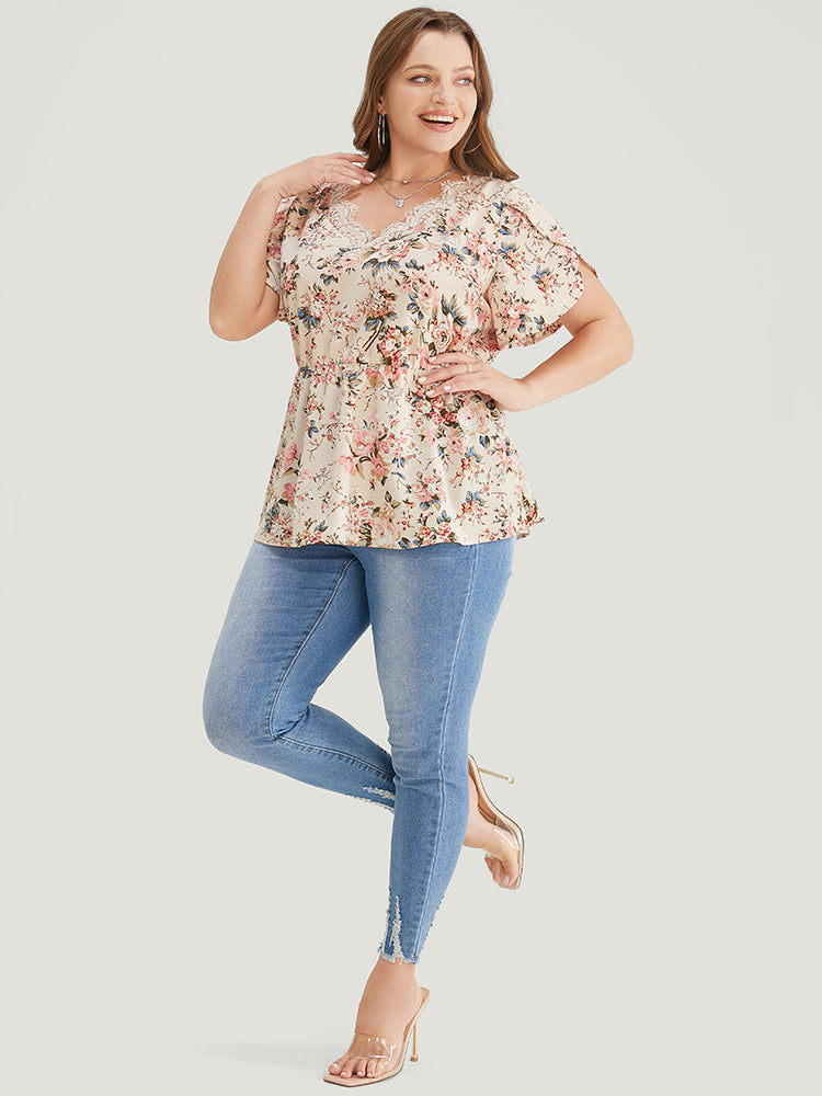 Floral Print Lace Trim Ruffle Hem Petal Sleeve Blouse