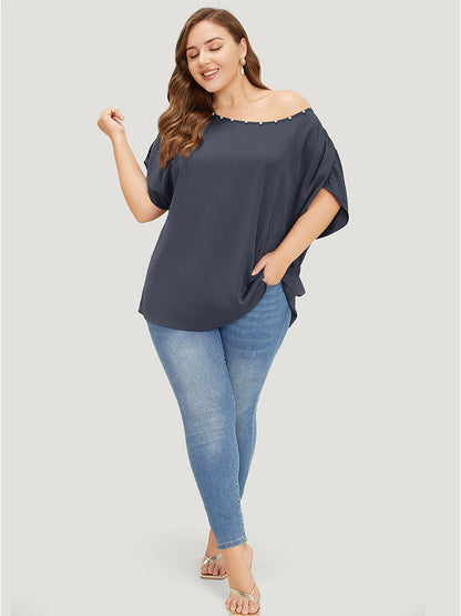 Solid Pearl Beaded Ruched Sleeve Blouse