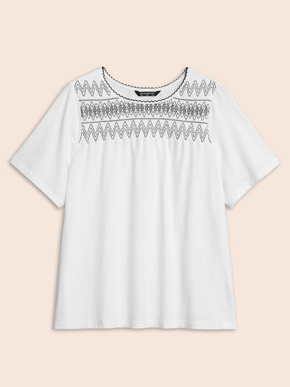 Round Neck Embroidered Shirred T-shirt