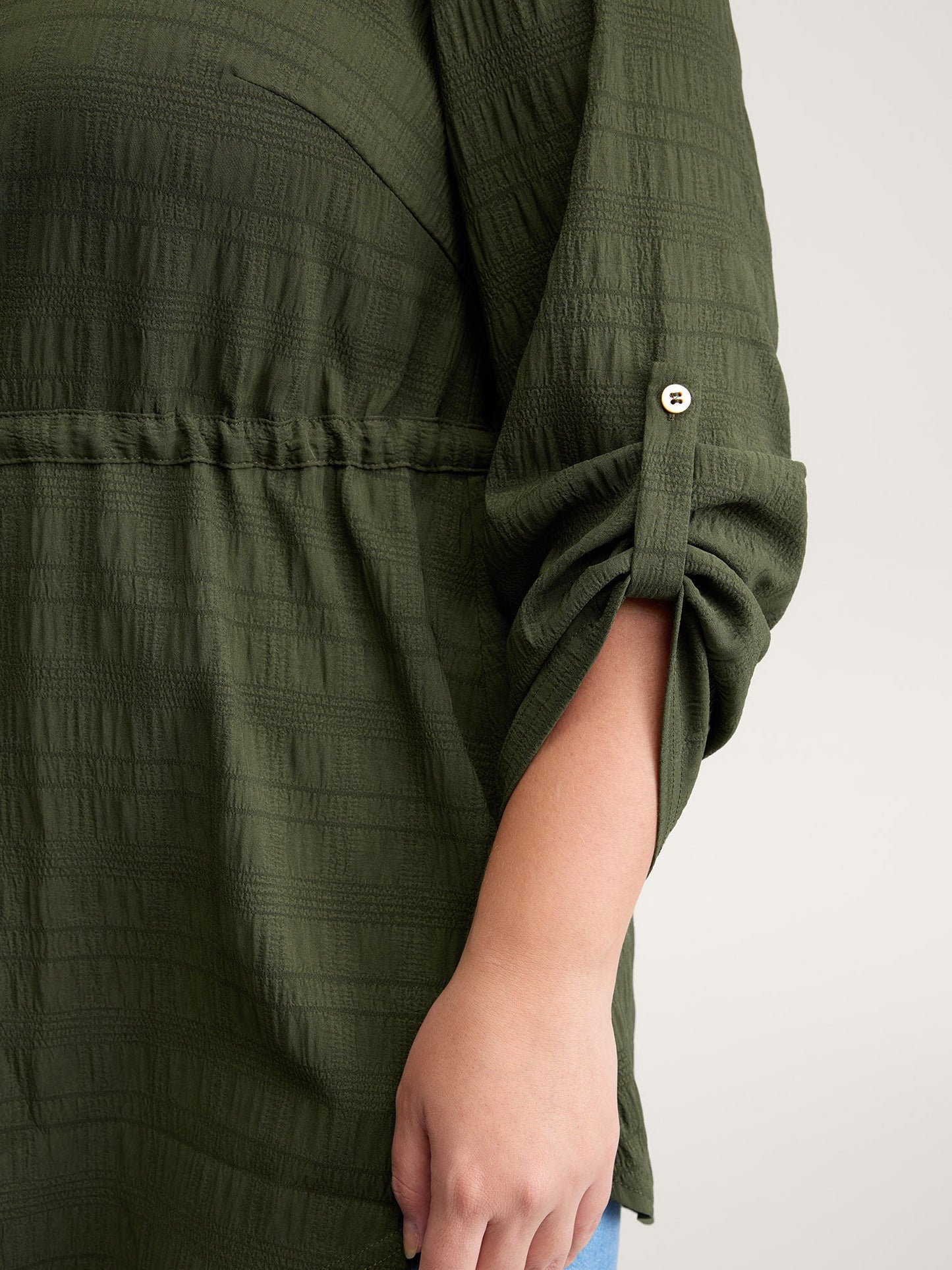 Textured Tab Sleeve Waist Drawstring Blouse