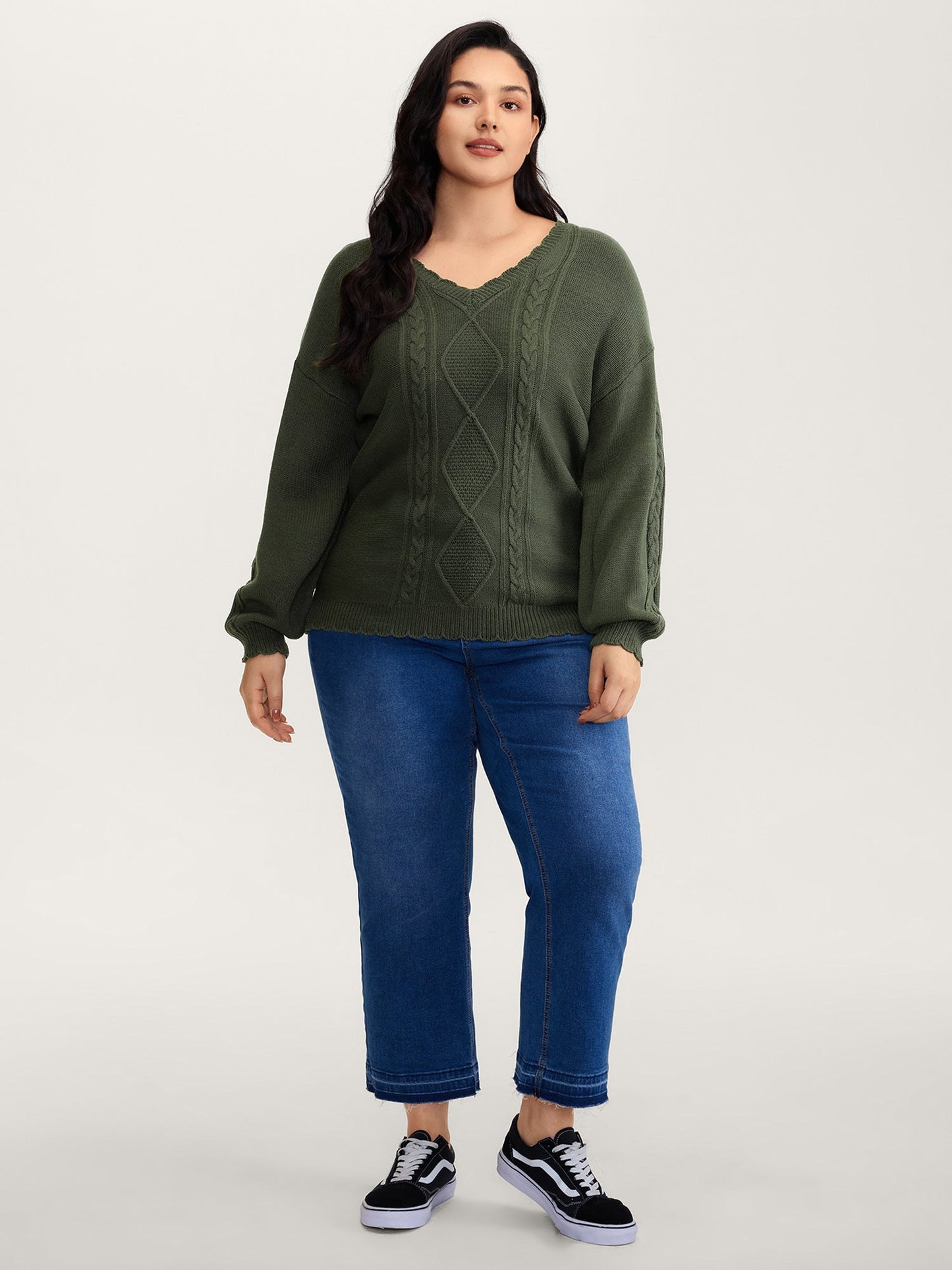 CableKnit Balloon Sleeve V-Neck Pullover