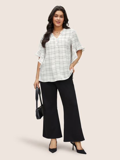 Plaid Notched Patchwork Ruffle Sleeve Blouse