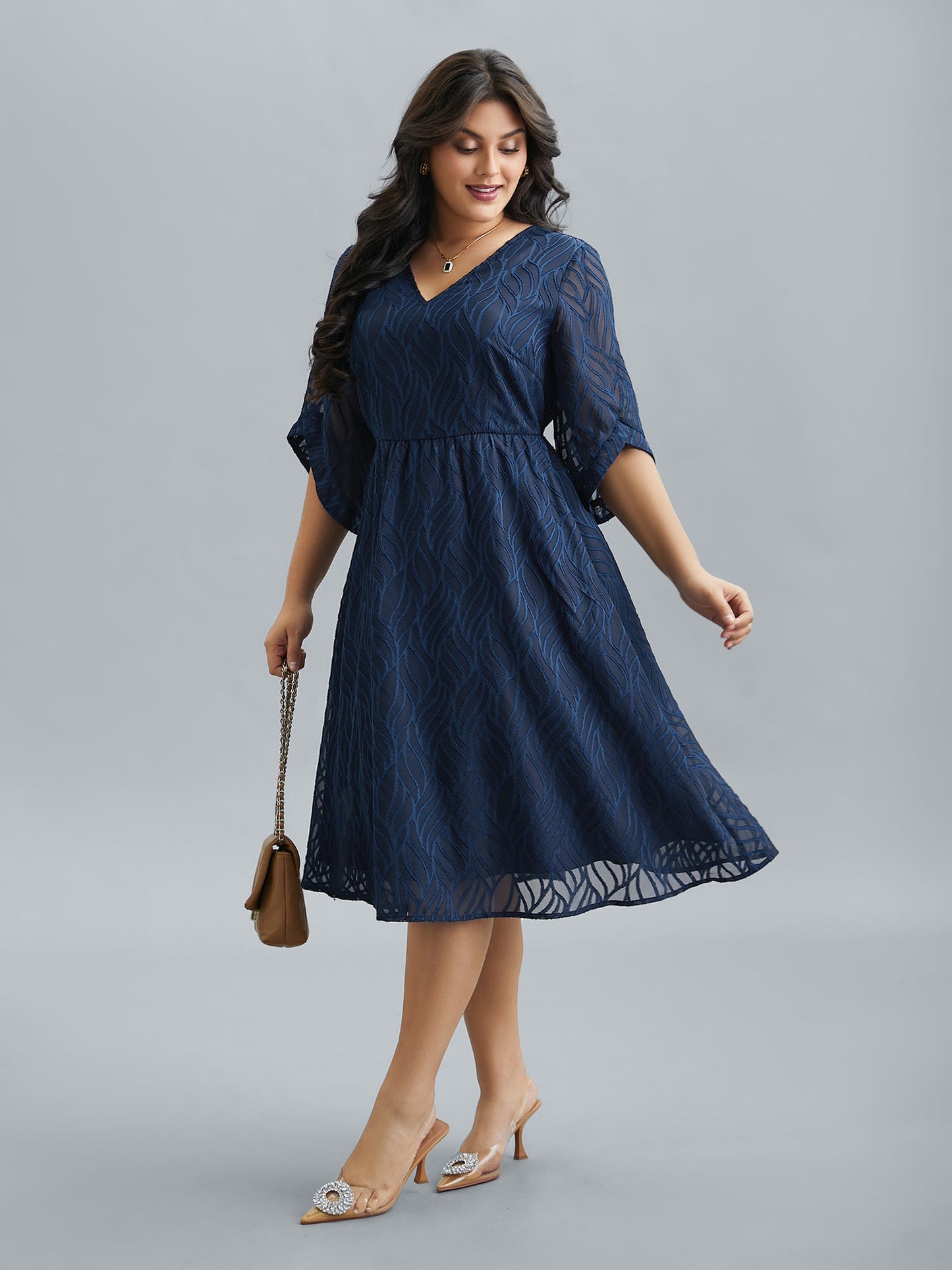 Chiffon Textured Sheer Sleeve Midi Dress