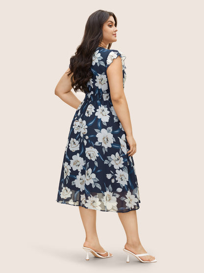 Chiffon Floral Ruffle Cap Sleeve Dress