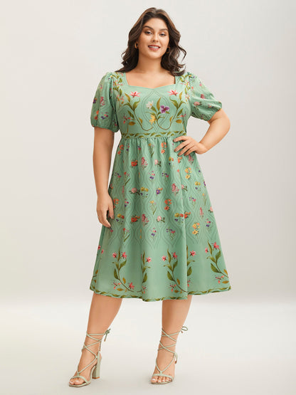 Garden Print Pockets Puff Sleeve Midi Dress