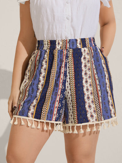 Boho Print Tassels Hem Shorts