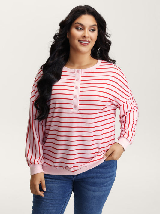 Stripe Snap Button Round Neck Sweatshirt