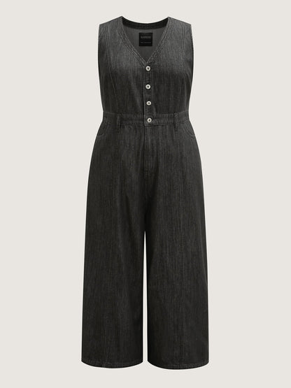 Button Placket Pockets Denim Jumpsuit