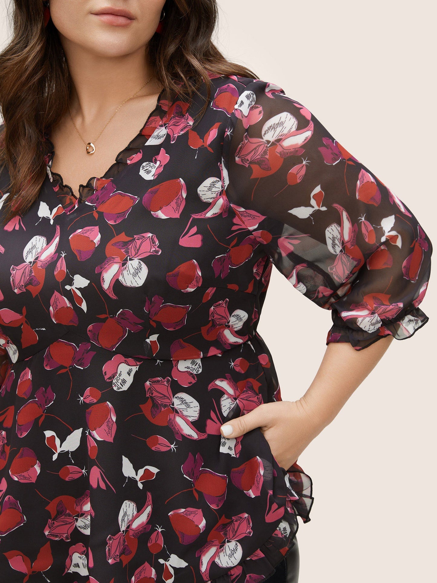 Floral Mesh Patchwork Ruffle Trim Blouse