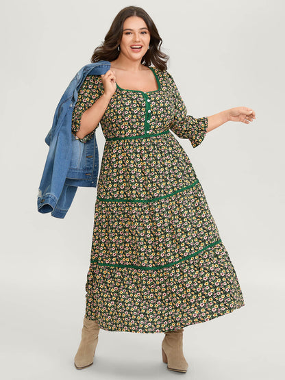 Dense Floral Print Stretchy Waist Maxi Dress