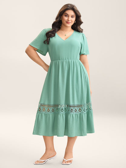 Lace Cut-Out Lotus Leaf Sleeve Midi Dress