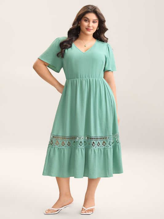 Lace Cut-Out Lotus Leaf Sleeve Midi Dress