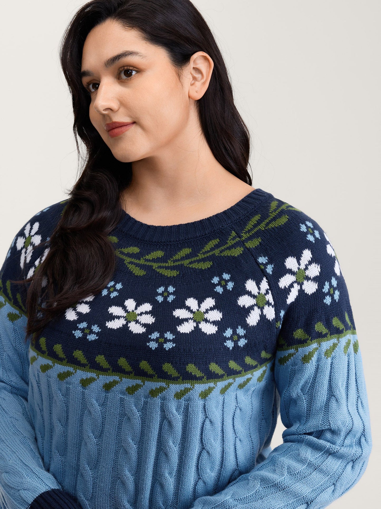 Cable Knit Jacquard Floral Contrast Pullover