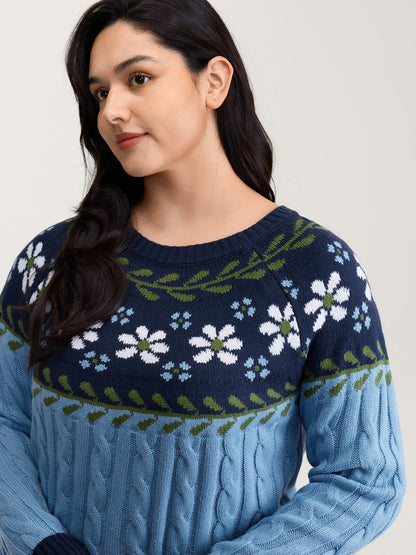 Cable Knit Jacquard Floral Contrast Pullover