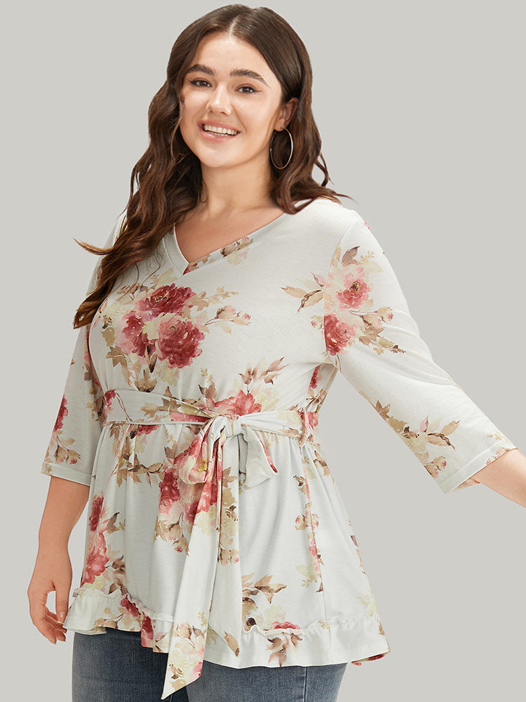 Floral Print Belted Frill Trim T-shirt