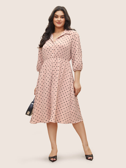 Polka Dot Textured Elastic Waist Button Up Dress