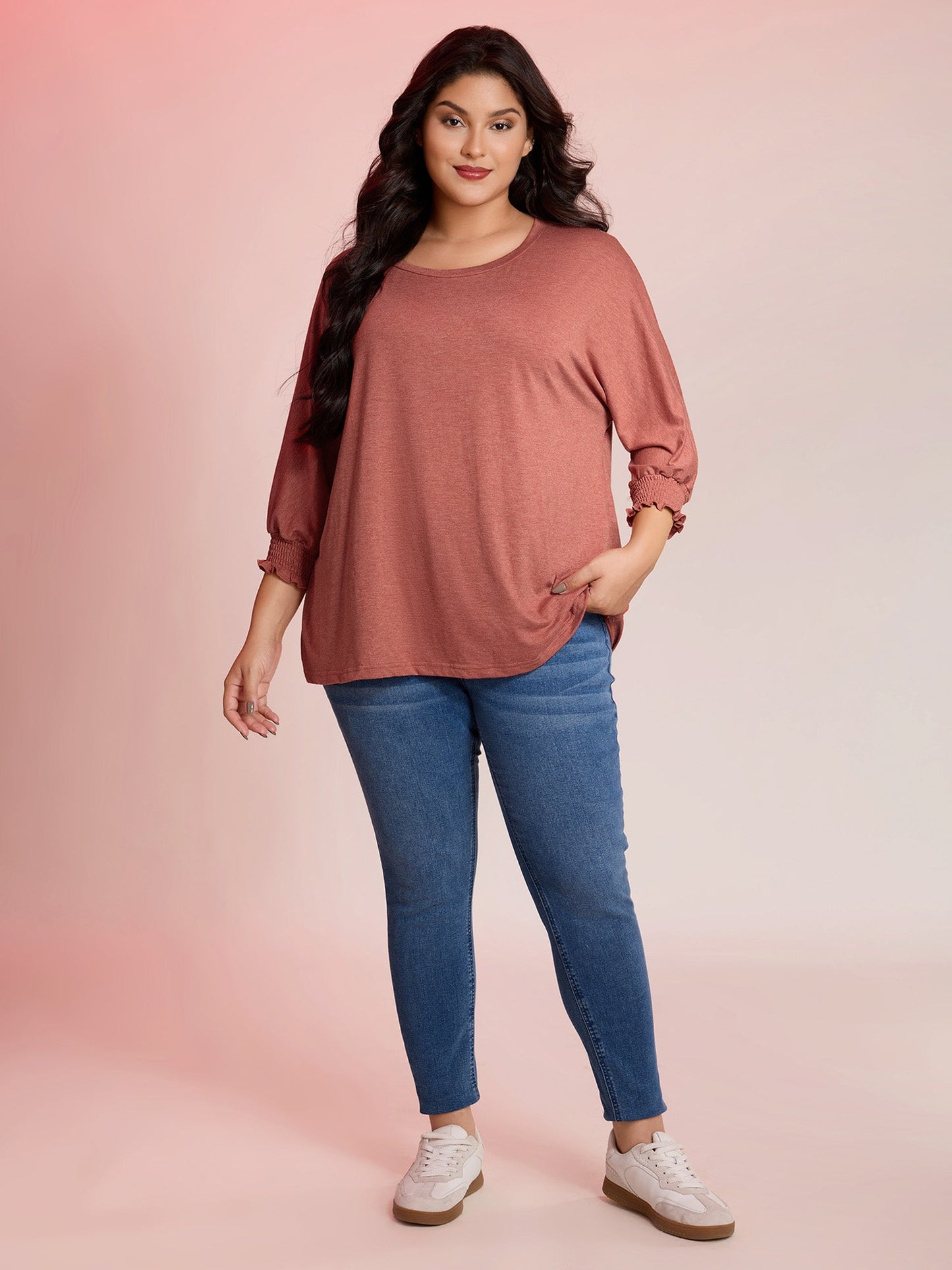 Shirred Cuff Sleeve Round Neck T-Shirt