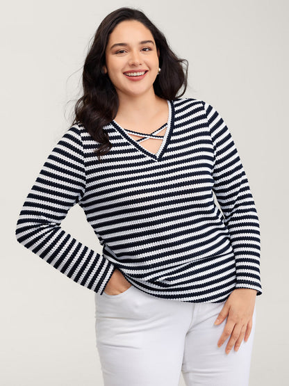 Stripe Stretchy Print V-Neck T-Shirt