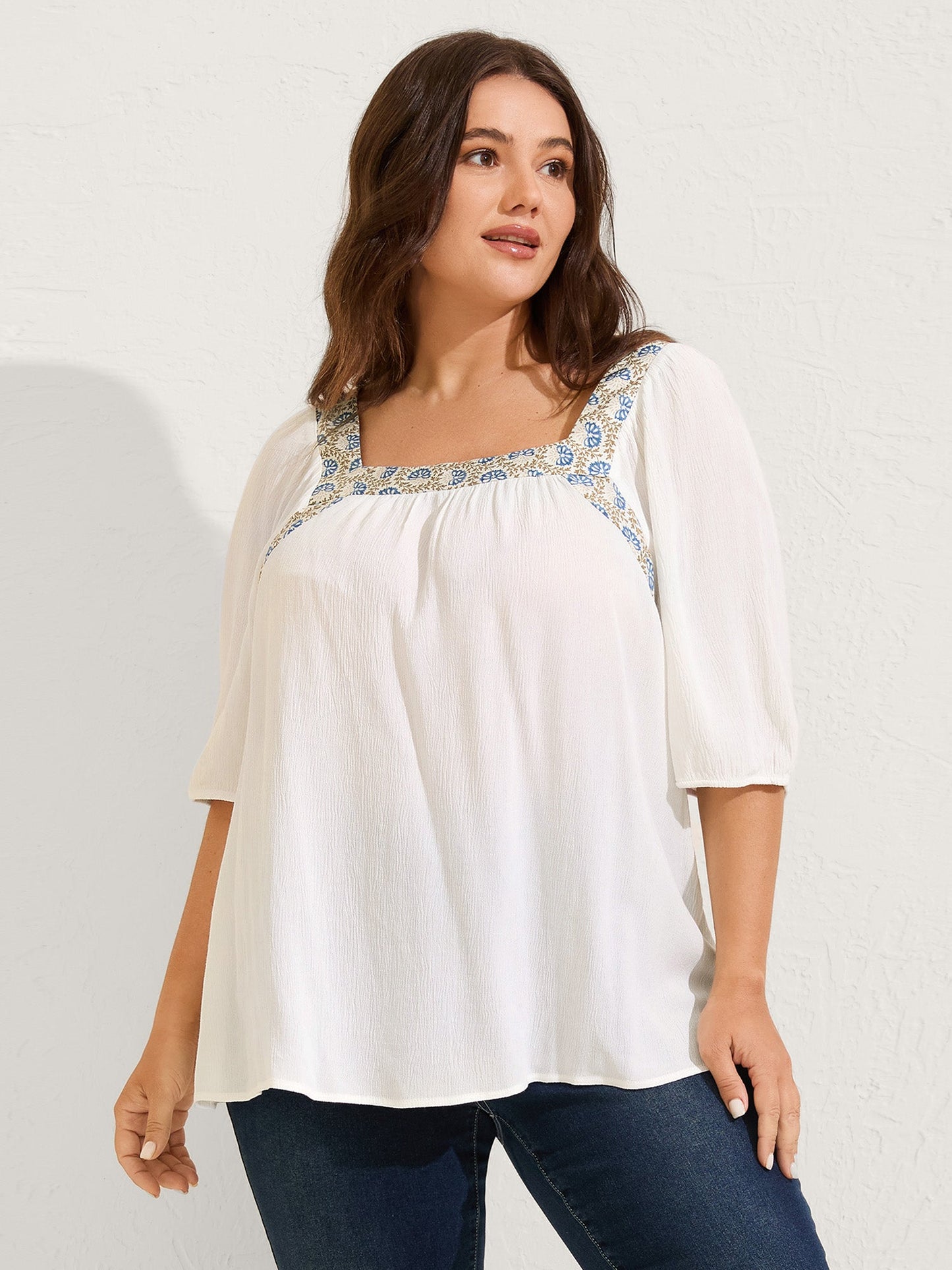 Boho Spliced Neck Pleated Plain Blouse