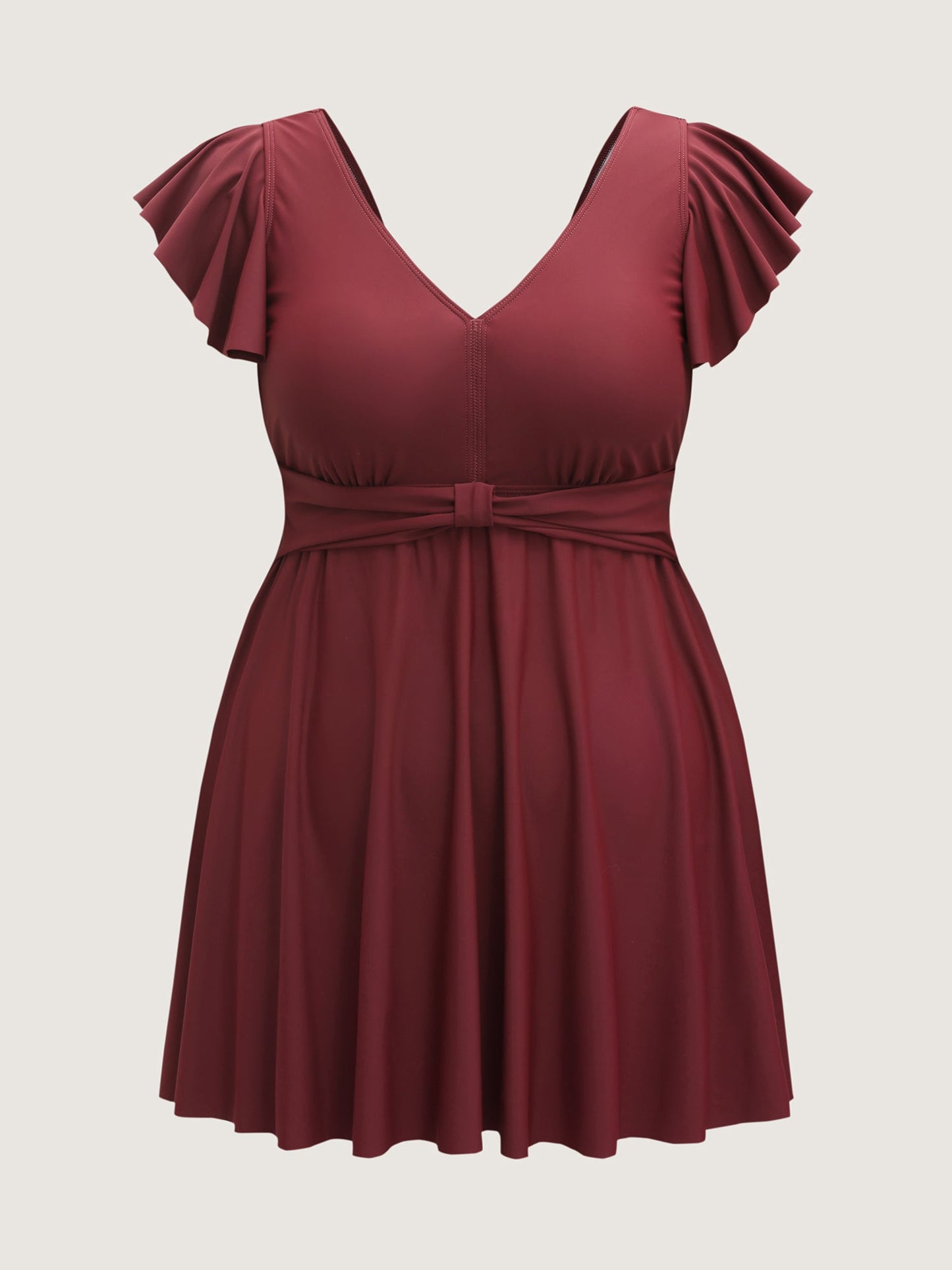 Pleated Waist Flutter Sleeve Swim Dress