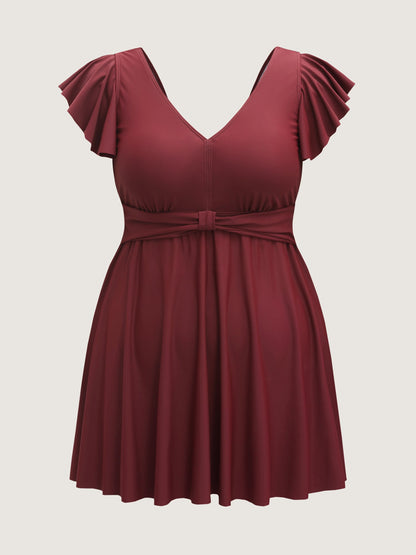 Pleated Waist Flutter Sleeve Swim Dress