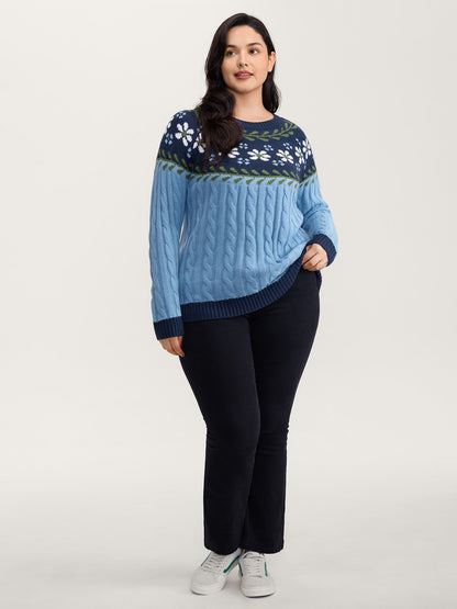 Cable Knit Jacquard Floral Contrast Pullover