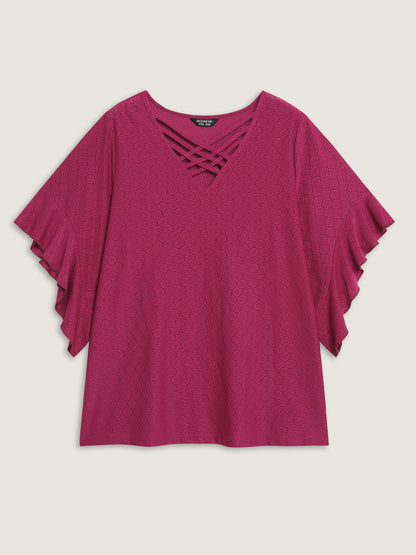 Ruffled Sleeve Textured Cut-Out Neck T-Shirt