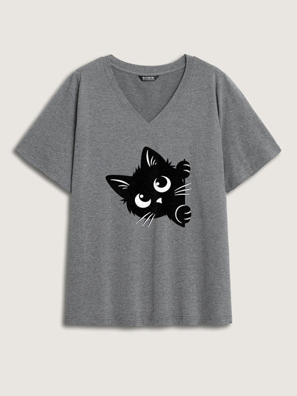 Hey Cat V-Neck Solid T-Shirt
